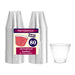 Party Essentials Party Pack of Old Fashioned Tumblers, 80-count pack of 9 oz clear disposable plastic glasses, with one cup displayed outside the stack.