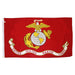 United States Marine Corps flag with a red background featuring the Marine Corps emblem in the center. The emblem includes a gold eagle perched on a globe with a fouled anchor behind it. A white and gold banner beneath the emblem reads "United States Marine Corps."