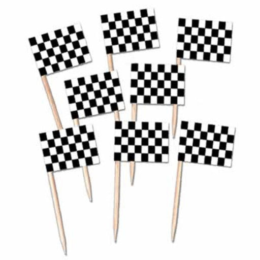 Eight black and white checkered racing flag picks arranged diagonally and attached to pointed wooden sticks.