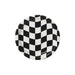 Round paper plate with a black and white checkered pattern featuring a wavy, optical illusion-style design.
