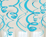 Caribbean blue spiral streamers hanging from the ceiling in a room with white walls and large windows.
