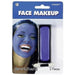 Blue face makeup kit by Amscan featuring a rectangular pan of bright blue cream face paint and applicator – packaged on a blister card with an image of a smiling woman wearing the paint – includes 2 pieces, net weight 0.21 oz (6g), ideal for costumes, spirit days, and themed events.