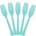Set of five robin egg blue plastic fork arranged in a fan shape, each with a smooth handle and rounded serrated blade.