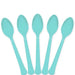 Set of five robin egg blue plastic spoons arranged in a fan shape, each with a smooth handle and rounded serrated blade.