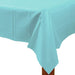 Rectangular table covered with a robin's egg blue plastic tablecloth, shown draped over the corner with soft folds and a smooth surface.