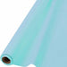 Roll of robin's egg blue plastic tablecloth, partially unrolled to show smooth surface and soft pastel color, with cardboard core visible on one end.