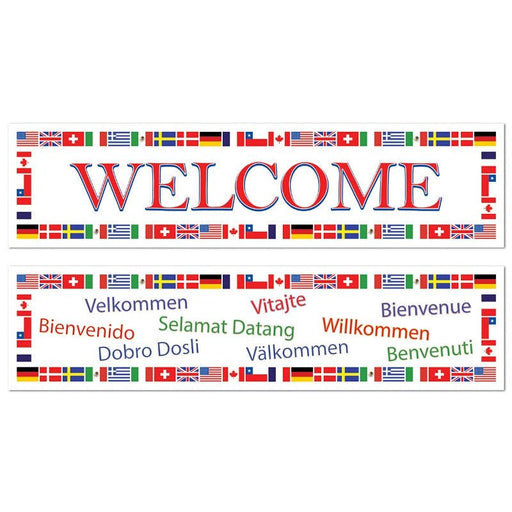 International 'Welcome' banner featuring colorful world flags and greetings in multiple languages: Welcome, Bienvenido, Bienvenue, Willkommen, Benvenuti, Välkommen, Vitajte, Velkommen, Selamat Datang, Dobro Dosli – perfect for classrooms, multicultural events, and global-themed parties.