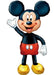 Foil balloon shaped like Mickey Mouse, featuring his classic design with black ears, red shorts with white buttons, yellow shoes, and a waving hand gesture.