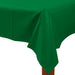Dark green rectangular plastic table cover draped over a table corner, with visible folds and a matte finish.