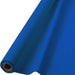 Blue plastic table cover roll partially unrolled with a smooth, glossy surface and a visible cardboard core, displayed on a white background.