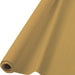 Roll of gold plastic table cover, partially unrolled to show smooth texture and slight gloss, with the cardboard core visible on the left end.