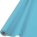 A roll of Caribbean blue plastic table cover partially unrolled, revealing a smooth, glossy surface with a cardboard tube core on a white background.