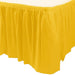 Yellow plastic table skirt with gathered pleats attached around the edge of a rectangular table, displayed against a white background.