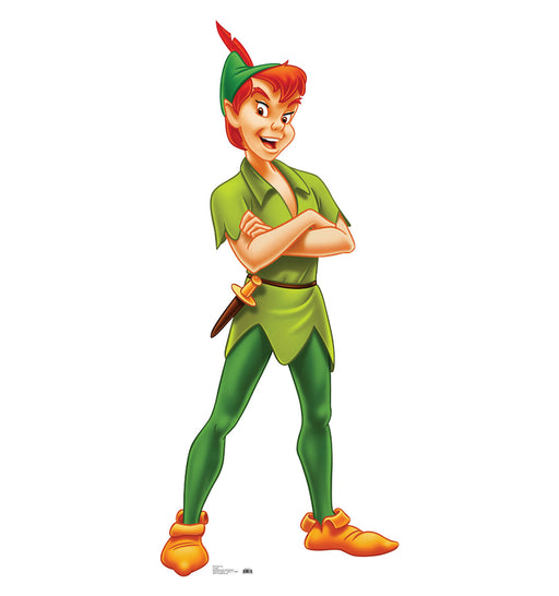 Cut-out of Peter Pan, the animated character, standing confidently with arms crossed and a mischievous smile. He wears a bright green tunic with jagged sleeves, matching green tights, and a pointed green hat with a red feather. His belt holds a small dagger in a brown sheath, and he wears orange-brown shoes with curled toes. His red hair and expressive eyebrows highlight his playful and adventurous personality.