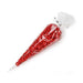 Clear cone-shaped cellophane bag filled with red candy and tied at the top with a twist tie.
