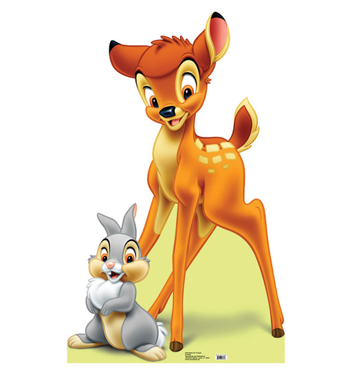 Cut-out of Bambi and Thumper, the animated characters. Bambi, a young brown deer with large eyes, light underbelly, and white spots on his back, stands with a curious expression. Thumper, a gray and white rabbit with big eyes and a cheerful smile, sits confidently at Bambi’s front legs with his arms folded.