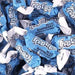 Close-up view of individually wrapped Tootsie Frooties Blue Raspberry chewy candies with blue and white wrappers, scattered in a pile.