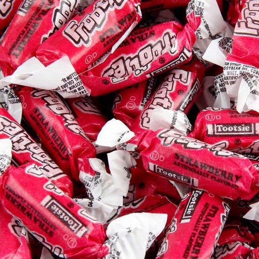 Close-up image of individually wrapped Tootsie Frooties strawberry candies – each piece in vibrant red and white twist-wrapper with bold Frooties logo and 'Strawberry' flavor label, showcasing the chewy texture and classic retro-style candy design – perfect for candy buffets, party favors, and treat bags.