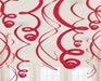 Red metallic hanging swirl decorations suspended from the ceiling, curling downward in varying lengths for a festive display.