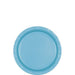 Caribbean blue round paper plate with a slightly raised rim and glossy finish, centered against a white background.