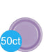 50-count round lavender plastic plates with glossy finish and textured rim – sturdy disposable dinnerware for elegant party settings, weddings, and special events.