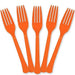 Five orange plastic forks arranged in a fan shape with four-prong tips and textured handles, displayed against a white background.