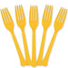 Five yellow plastic forks arranged in a fan shape with rounded bowls and textured handles, displayed against a white background.