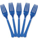 Five blue plastic forks arranged in a fan shape with four-prong tips and textured handles, displayed against a white background.