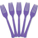 Five purple plastic forks arranged in a fan shape on a white background.