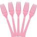 Five new pink plastic forks arranged in a fan shape on a white background.