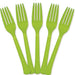 Five kiwi green plastic forks arranged in a fan shape on a white background.