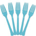Set of five light blue plastic forks arranged in a fan shape, each with four tines and a smooth, slightly tapered handle.