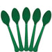 Five green plastic spoons arranged in a fan shape with rounded bowls and textured handles, displayed against a white background.