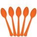 Five orange plastic spoons arranged in a fan shape with rounded bowls and textured handles, displayed against a white background.