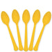 Five yellow plastic spoons arranged in a fan shape with rounded bowls and textured handles, displayed against a white background.