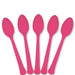 Five bright pink plastic spoons arranged in a fanned-out formation against a white background.
