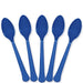 Five blue plastic spoons arranged in a fan shape with rounded bowls and textured handles, displayed against a white background.