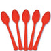 Five red plastic spoons arranged in a fan shape on a white background.