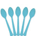 Set of five light blue plastic spoons arranged in a fan shape, each with a smooth oval bowl and gently curved handle.