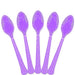 Five purple plastic spoons displayed in a fan arrangement on a white background.