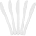 Set of five white plastic knives arranged in a fan shape, each with a smooth handle and a rounded serrated blade edge.