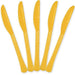 Five yellow plastic knives arranged in a fan shape with rounded bowls and textured handles, displayed against a white background.