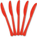 Five red plastic knives arranged in a fan shape on a white background.