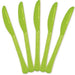 Five kiwi green plastic knives arranged in a fan shape on a white background.