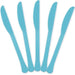 Set of five light blue plastic knives arranged in a fan shape, each featuring a smooth handle and rounded serrated edge.