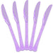 A set of five purple plastic knives arranged upright in a fan-like pattern against a white background.