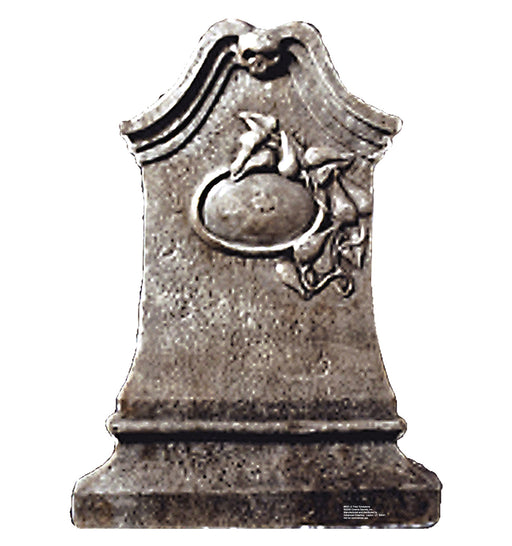 Cut-out of a weathered gray tombstone with a curved top, ornate detailing, and a carved oval centerpiece featuring a horse head and ivy leaves. The stone has a textured, aged appearance with a broad rectangular base.