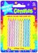 Package of striped candles in pink, white, yellow, and blue, displayed against a yellow background with a multicolored star border and a purple top section.