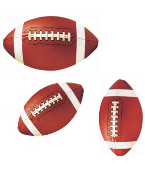 A set of three brown football cutouts with white stripes and laces, each shown at different angles.