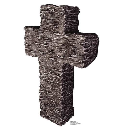 Cut-out of a rugged stone cross with a dark, weathered texture. The cross is made to resemble stacked, uneven stone slabs, giving it a rough, aged, and gothic appearance suitable for spooky or cemetery-themed displays.